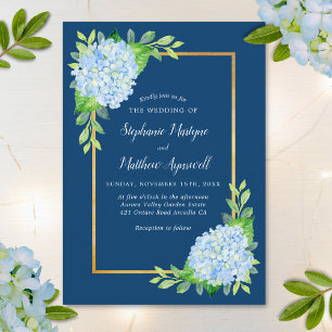Blue Hydrangea Gold Border Wedding Einladung