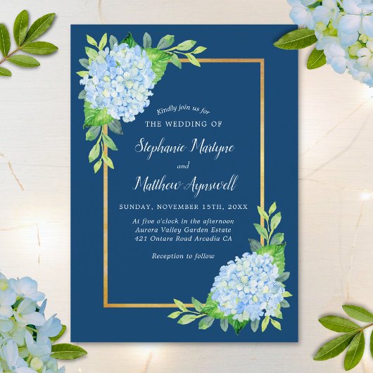 Blue Hydrangea Gold Border Wedding Einladung