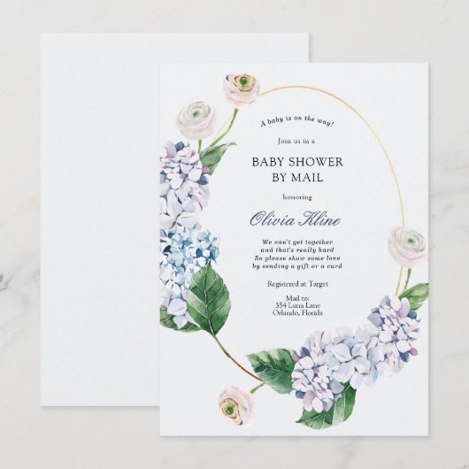 Blue Hydrangea Gold Frame Baby Dusche by Mail Einladung (Vorne/Hinten)