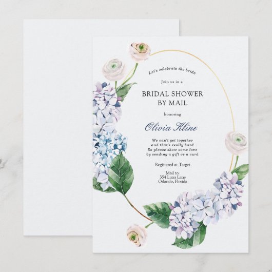 Blue Hydrangea Gold Frame Brautparty per Mail Einladung (Vorne/Hinten)