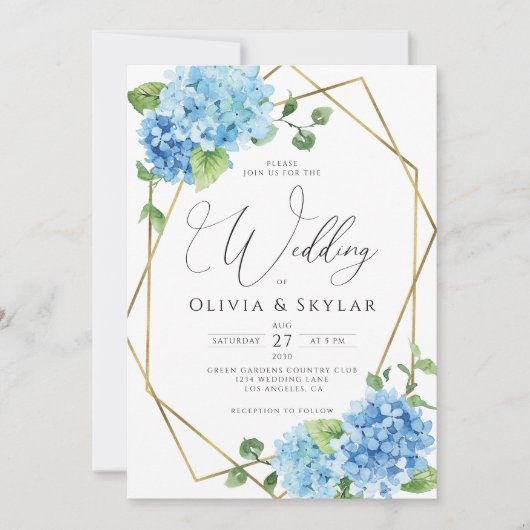 Blue Hydrangea Gold QR Code in einer Hochzeit Einladung (Vorderseite)