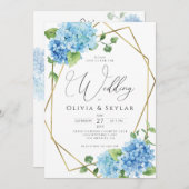 Blue Hydrangea Gold QR Code in einer Hochzeit Einladung (Vorne/Hinten)