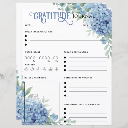 Blue Hydrangea Gratitude Journal Paper Sheet (Vorne/Hinten)