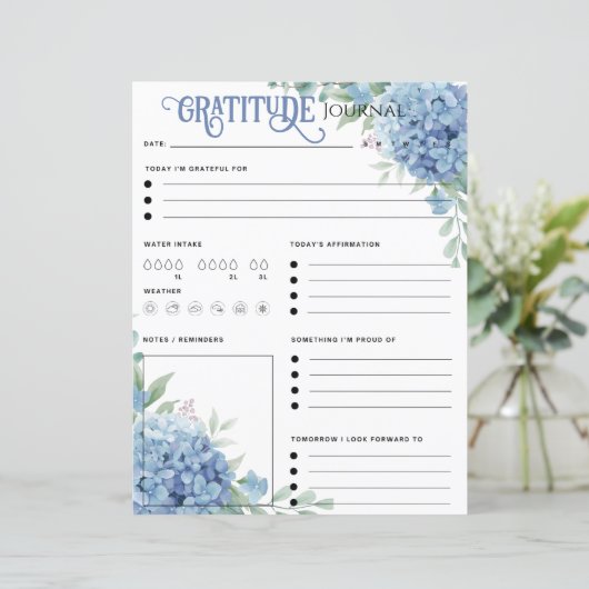 Blue Hydrangea Gratitude Journal Paper Sheet (Stehend Vorderseite)