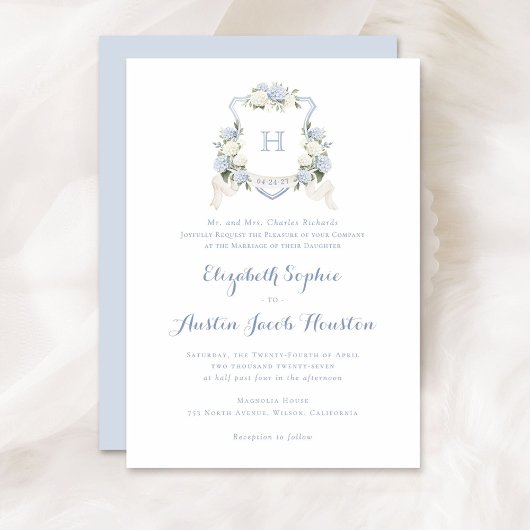 Blue Hydrangea Greenera Wappen Monogram Wedding Einladung