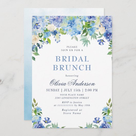 Blue Hydrangea Greenera Watercolor Bridal Brunch Einladung (Vorne/Hinten)