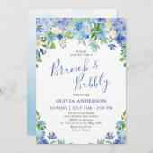 Blue Hydrangea Greenera Watercolor Brunch & Bubbly Einladung (Vorne/Hinten)
