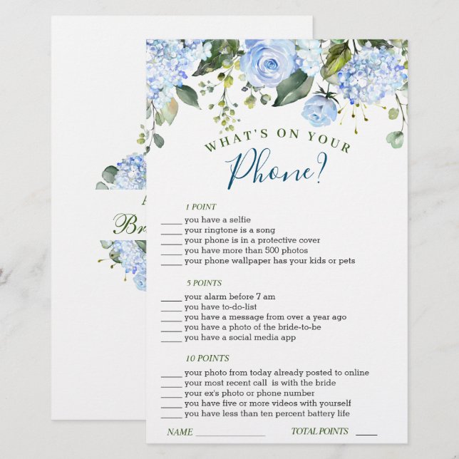 Blue Hydrangea Greenerity Brautparty Game (Vorne/Hinten)