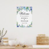 Blue Hydrangea Greenery Chic Wedding Willkommen Poster (Küche)