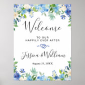 Blue Hydrangea Greenery Chic Wedding Willkommen Poster (Vorne)