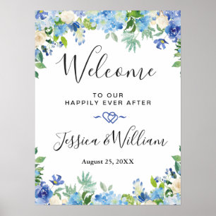 Blue Hydrangea Greenery Chic Wedding Willkommen Poster