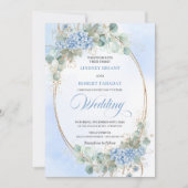 Blue Hydrangea Greenery Gold Oval Wedding Invite Einladung (Vorderseite)