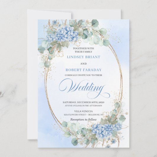 Blue Hydrangea Greenery Gold Oval Wedding Invite Einladung (Vorderseite)