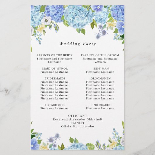Blue Hydrangea Grüne Hochzeitsfeier Programm (Rückseite)