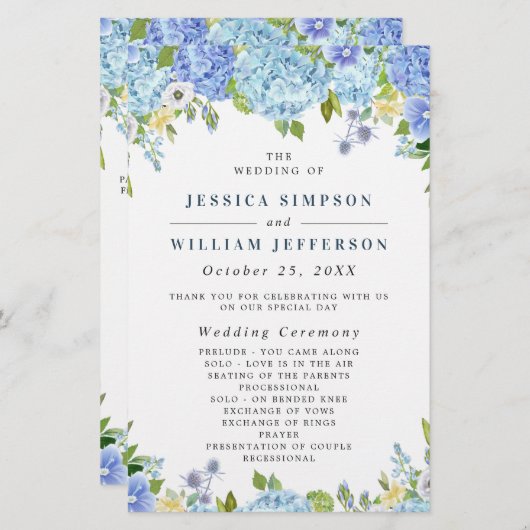 Blue Hydrangea Grüne Hochzeitsfeier Programm (Vorne/Hinten)