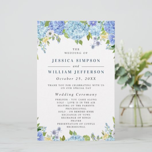 Blue Hydrangea Grüne Hochzeitsfeier Programm (Stehend Vorderseite)