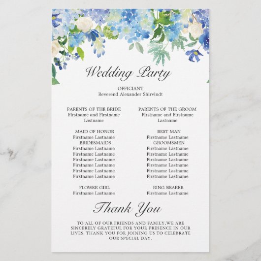 Blue Hydrangea Grüne Hochzeitsfeier Programm (Rückseite)