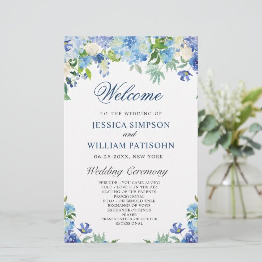 Blue Hydrangea Grüne Hochzeitsfeier Programm (Stehend Vorderseite)