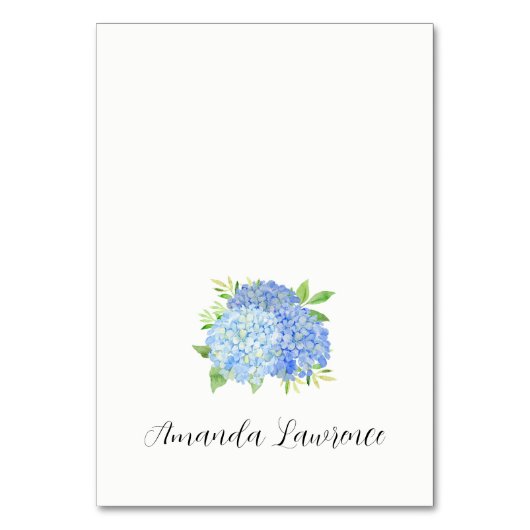 Blue Hydrangea Guest Name Script-Platzkarte Tischnummer (Vorderseite)
