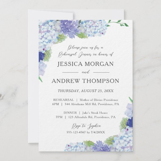Blue Hydrangea Hochzeit Probe Dinner Einladung (Vorderseite)