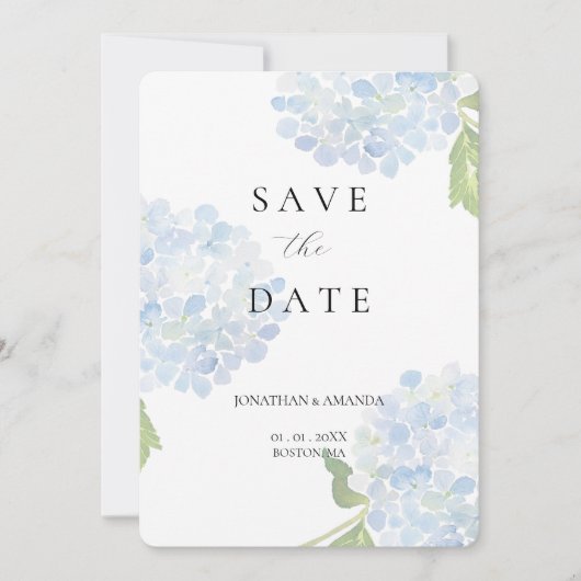 Blue Hydrangea Hochzeit rettet das Datum Save The Date (Vorderseite)