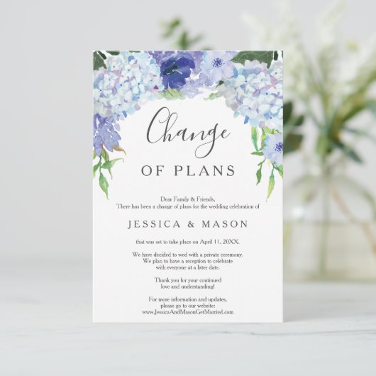 Blue Hydrangea Hochzeit verzögert Ankündigung (Stehend Vorderseite)