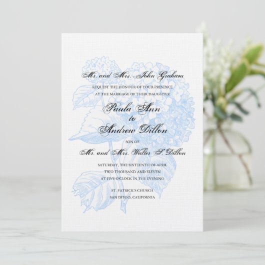 Blue Hydrangea Hochzeitseinladung Einladung (Stehend Vorderseite)