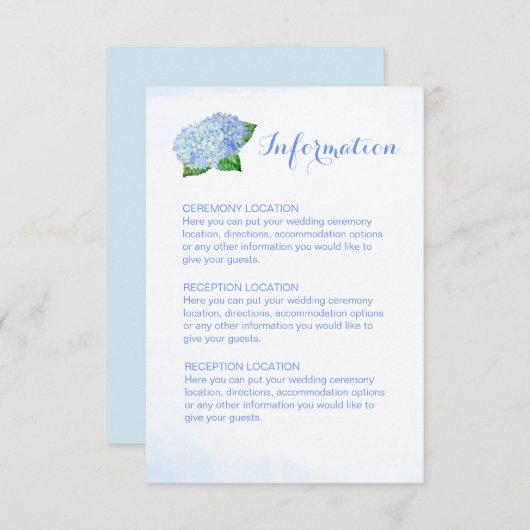 Blue Hydrangea Hochzeitsinformationskarten Begleitkarte (Vorne/Hinten)