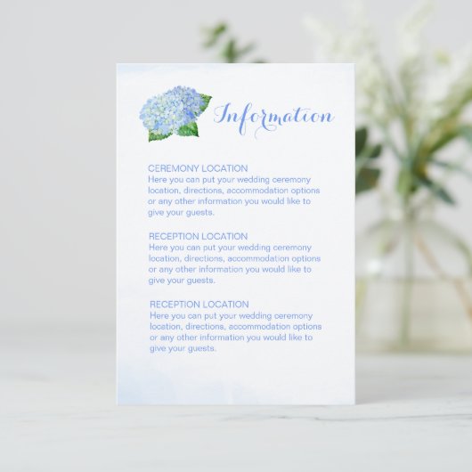 Blue Hydrangea Hochzeitsinformationskarten Begleitkarte (Stehend Vorderseite)