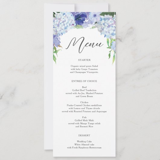 Blue Hydrangea - Hochzeitsmenü oder Brautparty Einladung (Vorderseite)