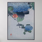 Blue Hydrangea Japanischer Holzschnitt mit Bird Poster (Vorne)