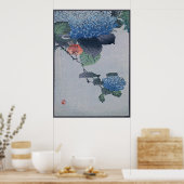 Blue Hydrangea Japanischer Holzschnitt mit Bird Poster (Küche)