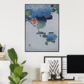Blue Hydrangea Japanischer Holzschnitt mit Bird Poster (Heimbüro)