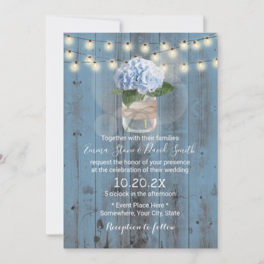Blue Hydrangea Jar Dusty Blue Barn Wood Wedding Einladung (Vorderseite)