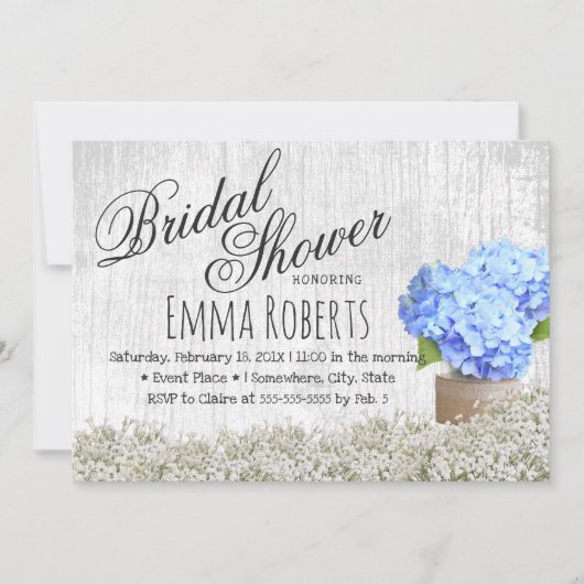 Blue Hydrangea Jar Rustic Floral Brautparty Einladung (Vorderseite)