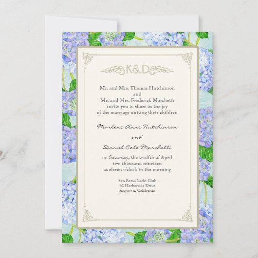 Blue Hydrangea Lace Floral Formal Elegante Hochzei Einladung (Vorderseite)