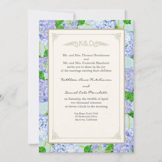 Blue Hydrangea Lace Floral Formal Elegante Hochzei Einladung (Vorderseite)