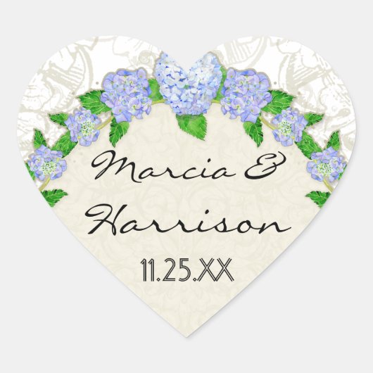 Blue Hydrangea Lace Floral Formal Elegante Hochzei Herz-Aufkleber (Vorderseite)