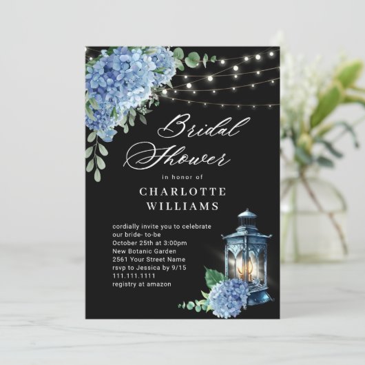 Blue Hydrangea Lantern Black Boho Brautparty Einladung (Stehend Vorderseite)