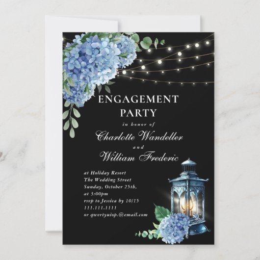 Blue Hydrangea Lantern Black Boho ENGAGEMENT PARTE Einladung (Vorderseite)