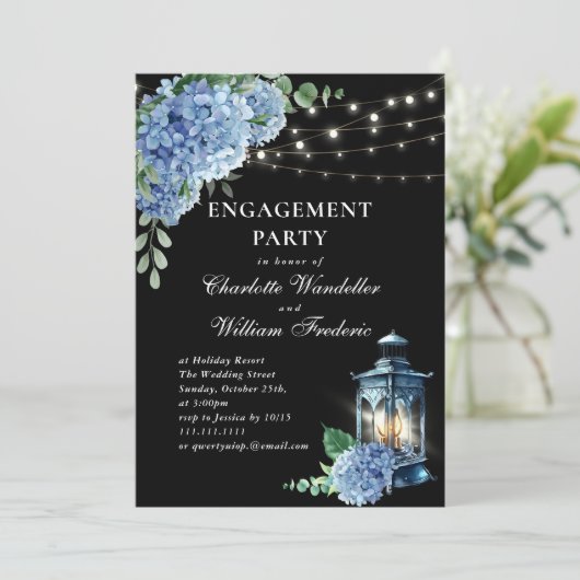 Blue Hydrangea Lantern Black Boho ENGAGEMENT PARTE Einladung (Stehend Vorderseite)