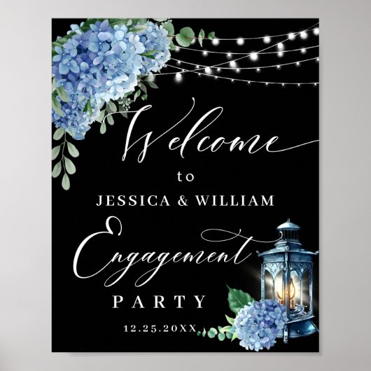 Blue Hydrangea Lantern Black Boho ENGAGEMENT PARTE Poster (Vorne)
