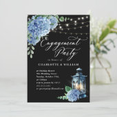 Blue Hydrangea Lantern Black Boho Engagement Party Einladung (Stehend Vorderseite)
