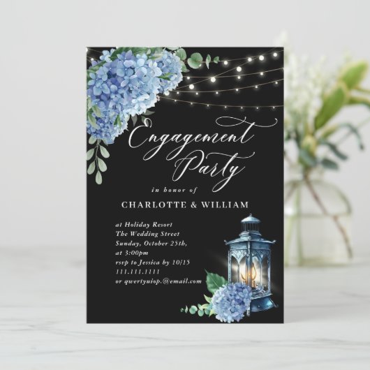 Blue Hydrangea Lantern Black Boho Engagement Party Einladung (Stehend Vorderseite)