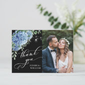 Blue Hydrangea Lantern Black Boho Foto Wedding Dankeskarte (Stehend Vorderseite)