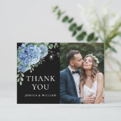 Blue Hydrangea Lantern Black Boho Foto Wedding Dankeskarte (Stehend Vorderseite)