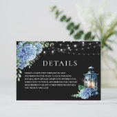 Blue Hydrangea Lantern Black Boho Hochzeitsdetails Begleitkarte (Stehend Vorderseite)