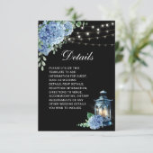 Blue Hydrangea Lantern Black Boho Hochzeitsdetails Begleitkarte (Stehend Vorderseite)