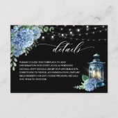 Blue Hydrangea Lantern Black Boho Hochzeitsdetails Begleitkarte (Vorderseite)