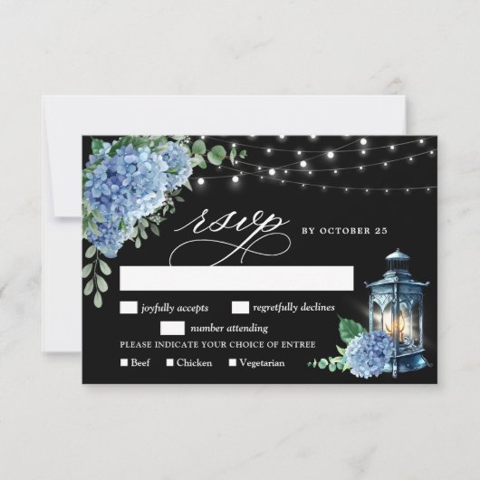 Blue Hydrangea Lantern Black Boho Wedding RSVP Karte (Vorderseite)